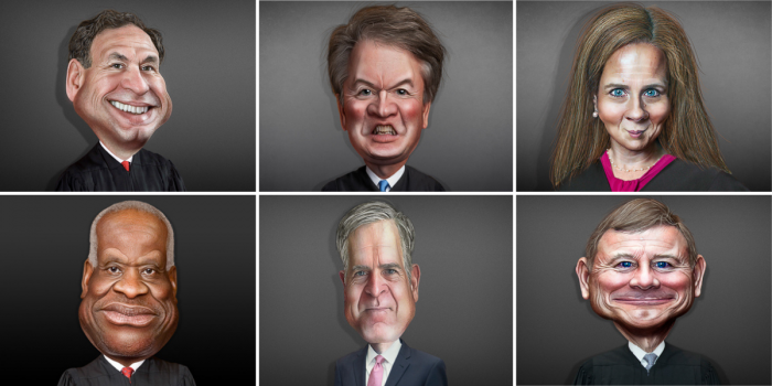 Caricatures of the six ultra-conservative Justices of the Supreme Court of the United States